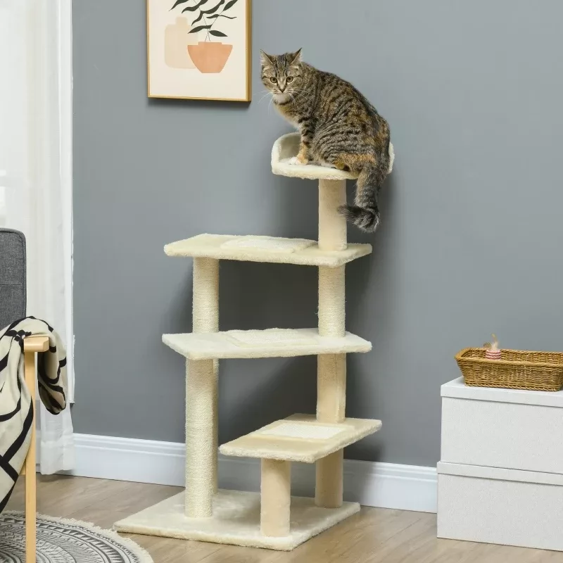 Arbre à chat beige en sisal et peluche, 100 cm
