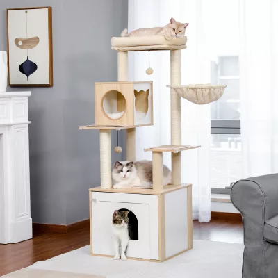 Arbre à chat en bois avec meuble pour litière