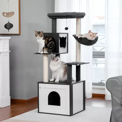 Arbre à chat en bois avec meuble pour litière – image 2