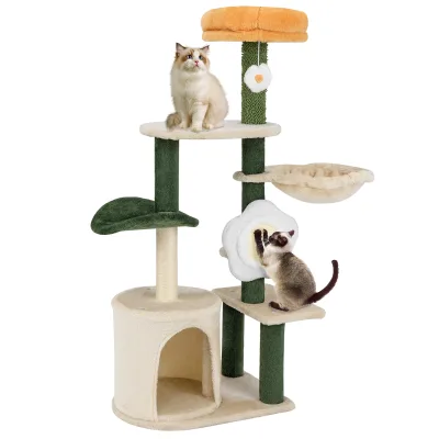 Arbre à chat vert et beige avec grotte et hamac