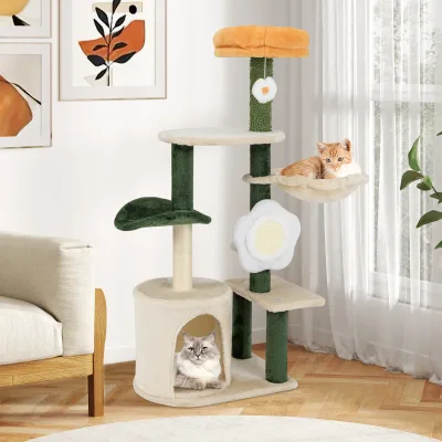 Arbre à chat vert et beige avec grotte et hamac – image 2