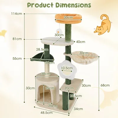 Arbre à chat vert et beige avec grotte et hamac – image 3