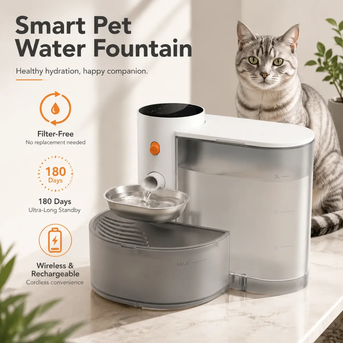 Fontaine à eau sans fil pour chat, 3 L