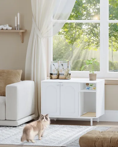 Meuble pour litière de chat blanc avec porte