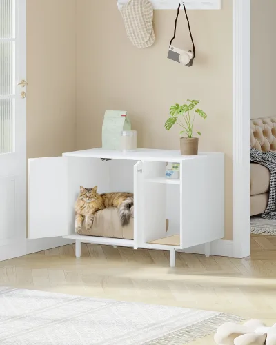 Meuble pour litière de chat blanc avec porte – image 3